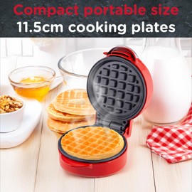 Global Gourmet Mini Waffle Maker Machine Red | Non Stick Coating | Recipes Included | Fun Snack Maker | Compact Size | Indicator Light | Cool Touch 550W