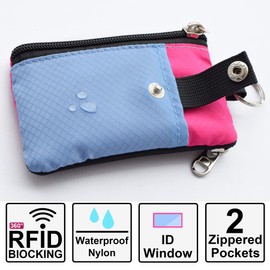 CHENSPRX Minimalist RFID Blocking Small Wallet with ID Window,WaterResistant Zip Id Case Wallet with Lanyard Keychain for Cards,Cash,Travel,Women,Men (LightSkyBlue+DeepPink)