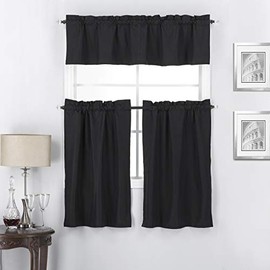 Interior Trends Twilight 3 Piece 100% Blackout Insulated Rod Pocket Kitchen Window Curtain Panel Tiers and Valance Set (36" Tiers Set, Black)