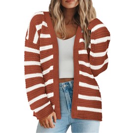 PRETTYGARDEN Women's 2024 Fall Striped Open Front Cardigan Sweaters Chunky Knit Long Sleeve Loose Trendy Winter Cardigans (Striped Brick Red White,Medium)