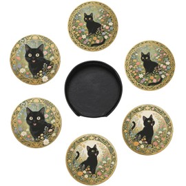 6 Pcs Black Cat Flower Drink Coasters with Holder Coasters for Drinks Coffee Table Home Decor Housewarming Gift
