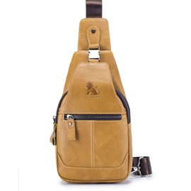Hebetag Leather Sling Bag Crossbody Backpack for Men Women Outdoor Travel Camping Hiking Shoulder Chest Day Pack Casual Daypack, Yellow Brown