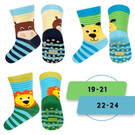 soxo Stopper Socks Children Baby Gift Boy Non-Slip Socks 3 Pairs 6-36 Months, Lion Cow Dog 3 Pairs