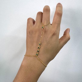 14K Gold Emerald Green CZ Finger Ring Bracelet Hand Chain for Women, 925 Sterling Silver Emerald Jewelry Slave Bracelets 7" to 9" Adjustable