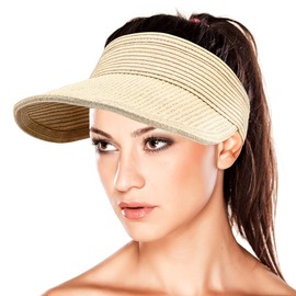 Maylisacc Ladies Summer Sun Visor Hats, Adjustable Straw Visor Hat Women with Wide Brimmed Rollable Golf Visor for Tennis Running Jogging Fishing, Beige