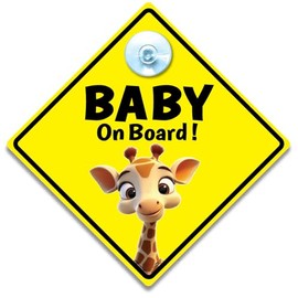Baby on Board Car Sign Baby Giraffe Design, 14 x 14 cm, Yellow Diamond, Suction Cup, Cute Baby Car Sign