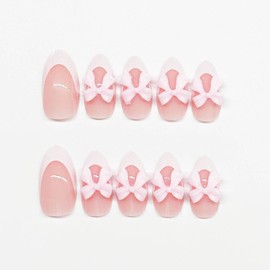 24Pcs Pink Bow Press on Nails Medium Almond Shaped False Nails White French Tip Fake Nails Glue on Nails Reusable Bow False Nails Glossy Full Cover Stick on Nails for Women Acrylic Manicure Salon