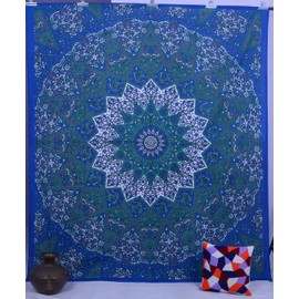 Blue Star Mandala Printed Tapestry Bed Cover Bedsheet Beach Throw Double Cotton Wall Decor Bedspread Wall Hanging Bedding Tapestries by Handicraft-Palace
