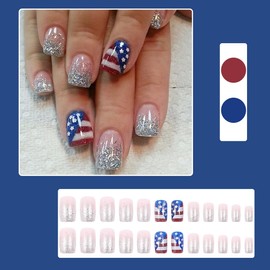 4th of July Press on Nails Short Square Fake Nails American Flag Full Cover False Nails Independence Day Acrylic Nails Glitter Silver French Tip Glue on Nails Patriotic Artificial Nail for Women 24Pcs