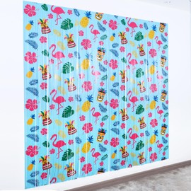 Hawaiian Luau Party Decoration,2 Pack Hawaiian Element Pattern Foil Fringe Curtains Tinsel Photo Booth Props，Streamer Backdrop for Tropical Party Summer Beach Pool Supplies