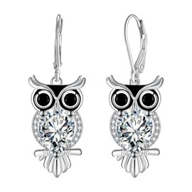 J.MUEN Women's Hanging Owl Earrings 925 Silver with 3A Heart Cubic Zirconia Jewellery for Women, Cubic Zirconia
