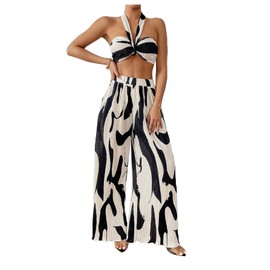 OYOANGLE Women's 2 Piece Outfits Graphic Print Knitted Crop Halter Top and Wide Leg Pants Set Black Large