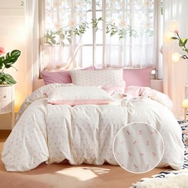Tospass Cotton Bed Linen 200 x 200 cm Beige Pink Bow Girls Bed Linen Set Bow Tie Teen Children's Bed Linen Bow Pattern Duvet Cover with Zip and 2 Pillowcases 80 x 80 cm