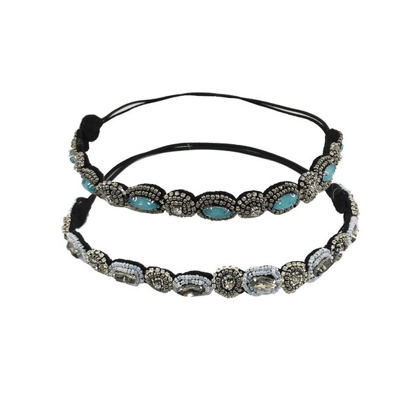 yueton Pack of 2 Handmade Crystal Rhinestone Beads Elastic Headband Hair Band Women Hair Jewelry Accessories