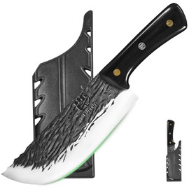 FULLHI Butcher Knife, Multi-color Wood Handle Full Tang Chef Knife with Sheath, High Carbon Steel Meat Slicing Kitchen Knife for Outdoor, Camping BBQ (Black, Chef Knife)