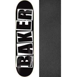 Baker Skateboards Brand Logo Black / White Skateboard Deck - 8" x 31.5" with Mob Grip Perforated Griptape - Bundle of 2 items