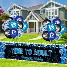 18th Birthday Party Decorations for Boys Girls Blue Black Time To Adult Happy 18th Birthday Banner and 20pcs Happy 18th Birthday Balloons Blue Black 18th Birthday Yard Sign Party Supplies