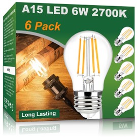 Vinaco A15 LED Bulb 60w, 6 Pack Dimmable No Flicker A15 Edison Light Bulb 600LM 6W, Equal 60W, 2700K Warm White CRI85+ E26 Base, Clear Glass Edison Vintage Lights for Ceiling Fan, Appliance Bulb