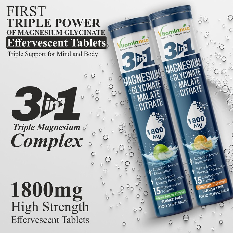 Vitaminnica Magnesium 3-in-1 Effervescent- 15 Tablets – High Absorption Magnesium