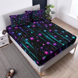 UEVBF Colorful Stars Fitted Sheet Set Queen Size,Glitter Starry Printed Bedding for Boys and Girls Bedroom,Neon Stripes Galaxy Soft Bed Sets,No Flat Sheets,1 Fitted Sheet+2 Pillowcases.