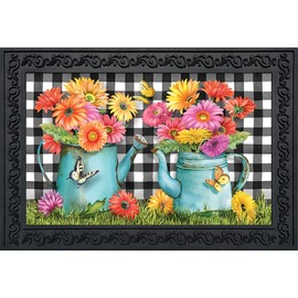 Briarwood Lane Gerber Daisy Watering Can Spring Doormat Checkered Floral Indoor Outdoor 30" x 18"
