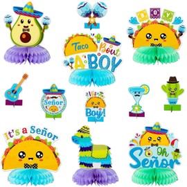 BeYumi 12Pcs Taco Baby Boy Gender Reveal Honeycomb Centrepiece - Mexican Fiesta Cinco De Mayo Style Table Topper for It's a Boy Celebrations, Ideal for Baby Showers and Family Parties