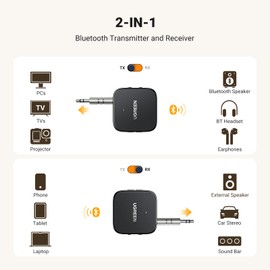UGREEN Bluetooth 5.2 Transmitter and Receiver, Wireless 2-in-1 Aux Bluetooth Adapter with 27-Hour Playtime, Dual Connection, 3.5mm Bluetooth Adapter for TV, PC, Airplane, Gym, Home Stereo and Car