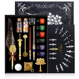 Quill Pen and Ink Set,Feather Dip pen with 6 bottles of ink,Antique Calligraphy Pen,Feather Writing Pen,Wooden Dip Pen,Glass Dip Pen,Wax Seal Stamp Kits Birthday&Christmas Gift for Men&Women(Gray)