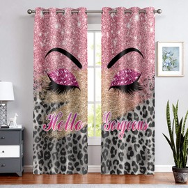 BSPPTI Hello Gorgeous Unicorn Eyelash Print Curtain, Pink Eyes Leopard Print Splicing Room Darkening Thermal Insulated Blackout Window Drapes for Living, Bedroom, 42"x 84", 2 Panels, CLLSSP1505