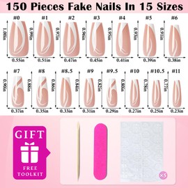 LoveHome 150pc French Tips Press on Nails Long Coffin Fake Nails with Glue Tab, Naked Long Nails Press on Nail Coffin Glue on Nails Swirl French Acrylic Nail Artificial Fingernail for Women Girls