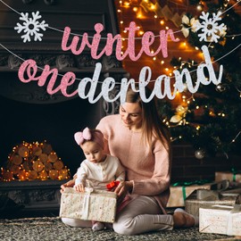 Winter Onederland Banner, Miss Onederful, Sweet Little Snowflake, Winter Theme 1st Birthday Party Decorations Pink Glitter