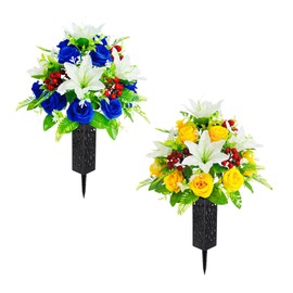 2 Sets Artificial Silk Cemetery Flowers, Memorial Flowers for Gravesite, Blue & Yellow Roses Lily Bouquet, Memorial Day Mother's Day Grave Decorations