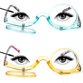 MMOWW 2 Pairs Makeup Readers Flip-top Rotating Fashion Reading Glasses for Women Dual Lens （Blue+Yellow,3.5）