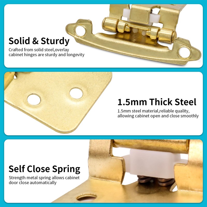 1/2 Inch Overlay Kitchen Cabinet Hinges, 24 Pack(12 Pairs) Gold