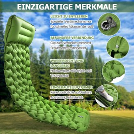 Amtake Self-Inflating Sleeping Mat, 10 cm High Air Mattress, Camping, Small Pack Size, Inflatable Sleeping Mat, Ultralight with Foot Pump, Waterproof Sleeping Mat for Outdoor, Hiking, Beach (Green)