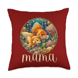 Art Nouveau Love Mommy Kid Goldfish Family Mom Baby Goldfish-Fish Mama Mother's Day Throw Pillow, 18x18, Multicolor