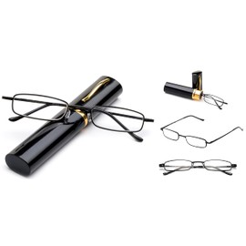 Pocket Readers Ultra Compact Spring Temple Reading Glasses w/Portable Pocket Clip Aluminum Case Black +1.75