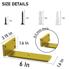 Floating Shelf Brackets Heavy Duty - 1/5 Inch Thick Industrial Gold Metal L Brackets, Premium Solid Steel Shelf Supports for Shelves - 6 Inch Heavy Floating Shelves Hardware (6Pcs)