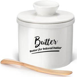 Butter Keeper Crock with Water,Ceramic Butter Crock for Counter – Keeps Butter Soft & Fresh for 2-5 Weeks, Butter Crock with Lid and Knife for Countertop (White)