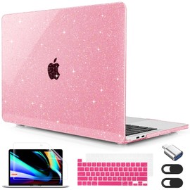 Lepeoac Compatible with MacBook Pro 13 inch Case M2 2023, 2022, 2021-2016 A2338 M1 A2251 A2289 A2159 A1989 A1706 A1708, Plastic Hard Shell & Keyboard Cover & Screen Protector, Star Sparkle Light Pink