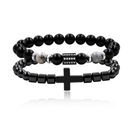 Tobestu 2Pcs Black Obsidian and Hematite Bead Bracelets - Christian Cross Bracelet for Men - Faith Jewelry with Round/Square Beads for Prayer - YS5499
