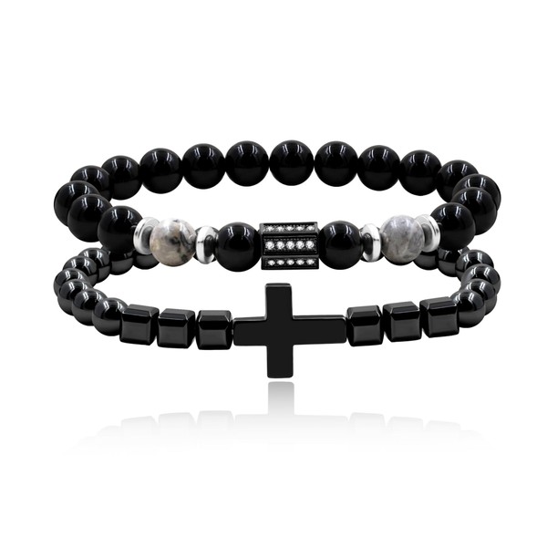Tobestu 2Pcs Black Obsidian and Hematite Bead Bracelets - Christian