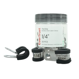 EverTrust Flexigrip Stainless Steel Cable Clamps 1/4". 304 Stainless Steel with Ribbed Rubber Lining. Suitable for garden, automobile, garage, home, kitchen. Fits 1/4" or 6.4mm OD. (20 pcs)