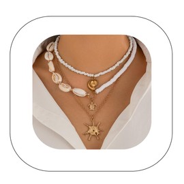 Asphinien Bohemian Layered Shell Starfish Pearl Pendant Necklace Set Baroque Pearl Surfer Heishi Beaded Choker Summer Beach Jewelry Multilayered Statement Necklaces for omen (Gold E)