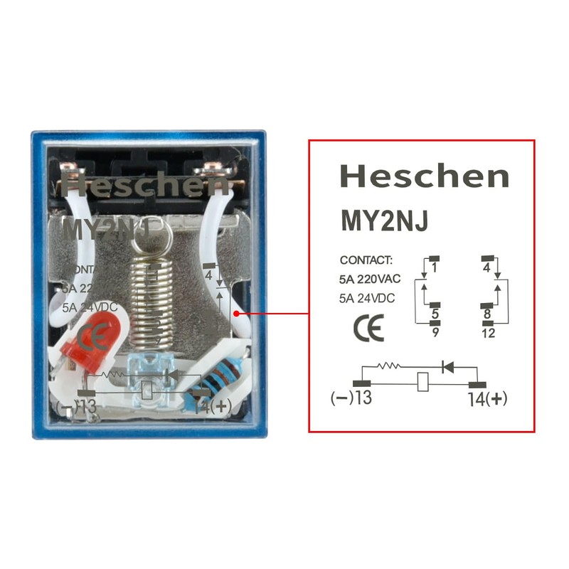 Heschen Gereral Purpose Relay, MY2NJ, 220VAC Coil, 5A 24VDC/220VAC, DPDT,
