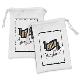 Ambesonne Hello Sunshine Fabric Pouch Set of 2, Hand Drawn Lettering Design with Heart Grunge Effect and Words, Small Drawstring Bag for Toiletries Masks and Favors, 9" x 6", Pale Brown Coral Black