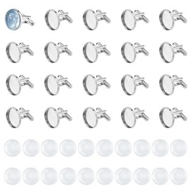 DICOSMETIC 20 Sets Platinum Blank Cufflinks Bulk Brass Cufflink Studs with Cabochon Setting Tray and 16mm Glass Cabochons DIY Cufflinks Settings for Custom Photo Cufflinks