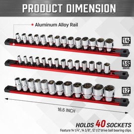 ALOANES 3-Piece Magnetic Socket Organizer, Heavy Duty Aluminum Socket Rails Organizer, 360° Swivel Clips Socket Holder Kit for Tool Box, 1/2, 3/8, 1/4-Inch Socket Holder x 40 Clips (Red)