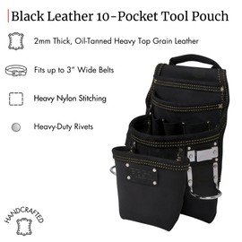 FESA Leather Carpenter Tool Pouch - 10-Pocket Heavy Top Grain Leather Carpenter Pouch with 2 Hammer Loops, Tape Clip, Large & Small Pockets - Fits Work Belts up to 3" - Handcrafted (Black)