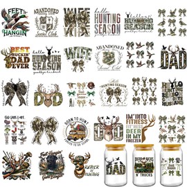 AFRITEE UV DTF Cup Wrap - 30 Sheets Hunting Season UV DTF Transfer Sticker for 16 20 oz Glass Cups, Camouflage Bowknot Elk Goose Cold Transfer Sticker Decal for Water Bottle Tumbler Decoration